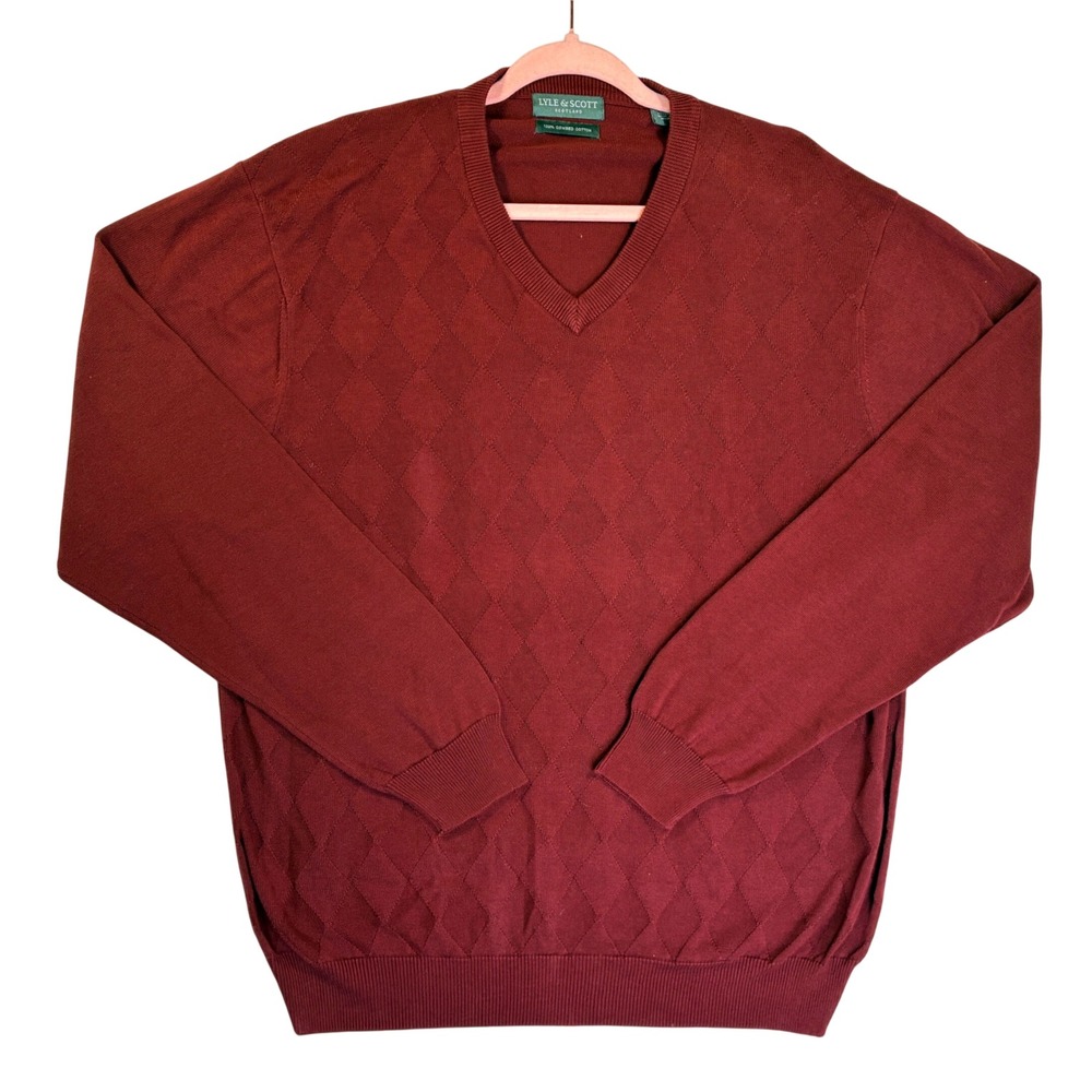 Lyle & Scott Scotland Mens Large V-Neck Cotton Argyle Sweater Burgundy Maroon